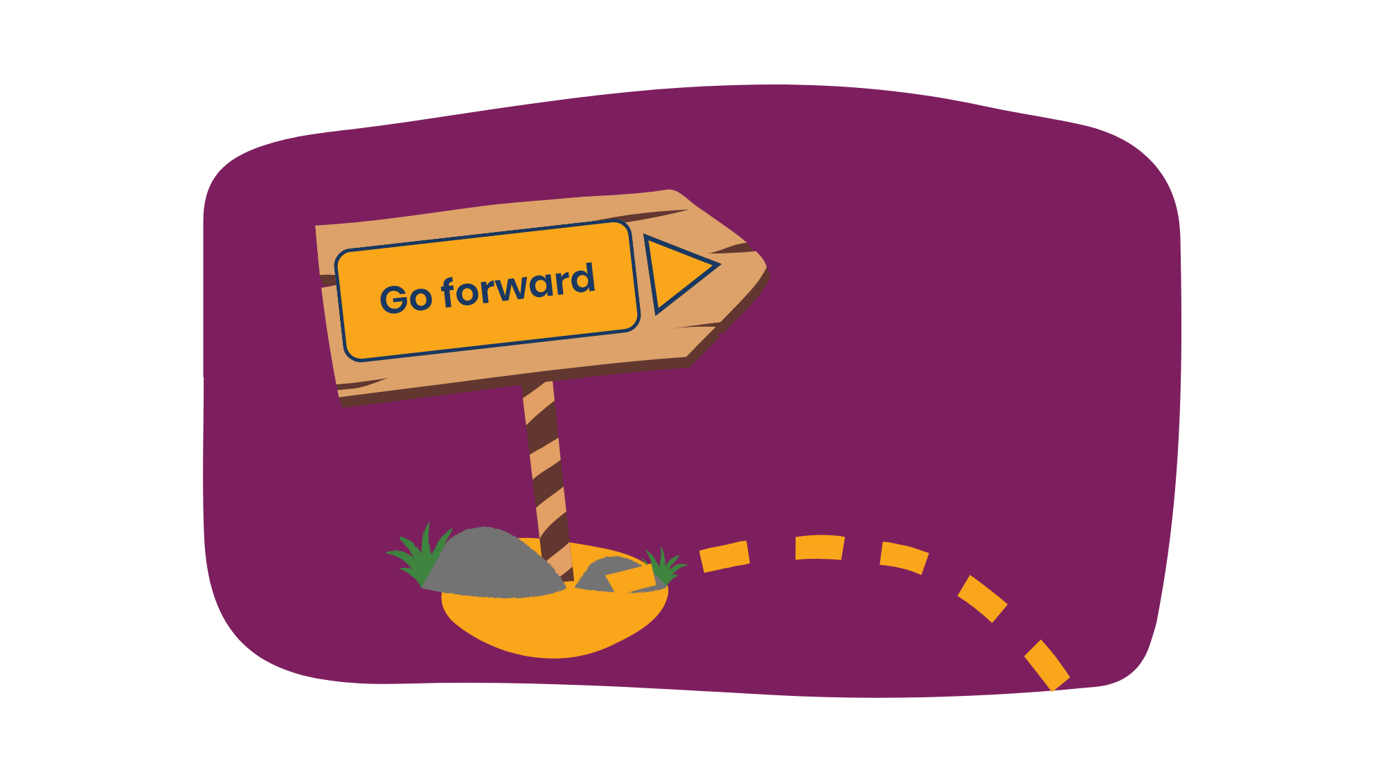 "Go forward" in text on a signpost with a trail leading from it