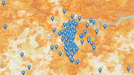 Image of a map of London colour coded for Indices of Multiple deprivation with point markers overlaying