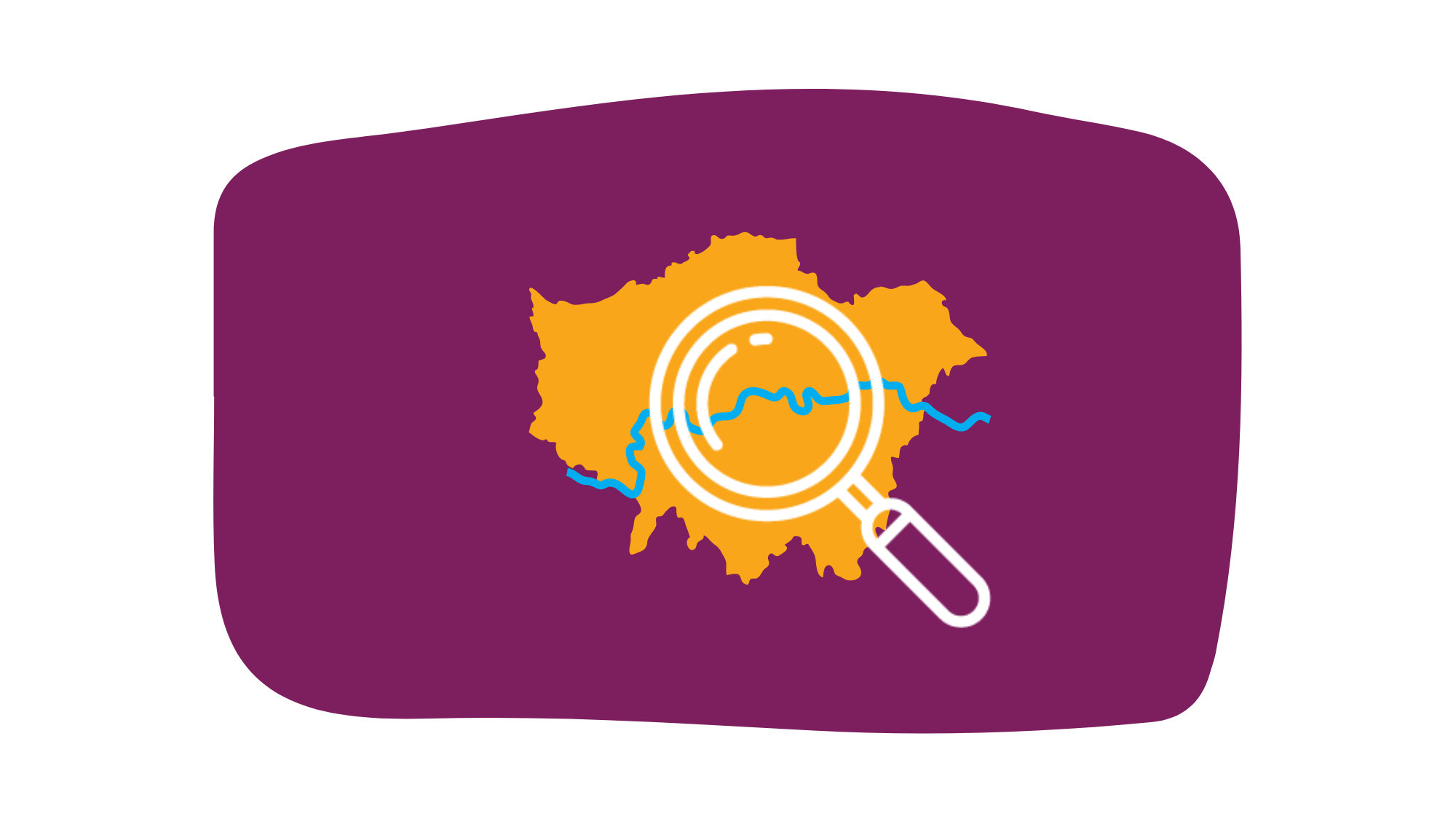 A magnifying glass icon looks at a London map with the river Thames running through it