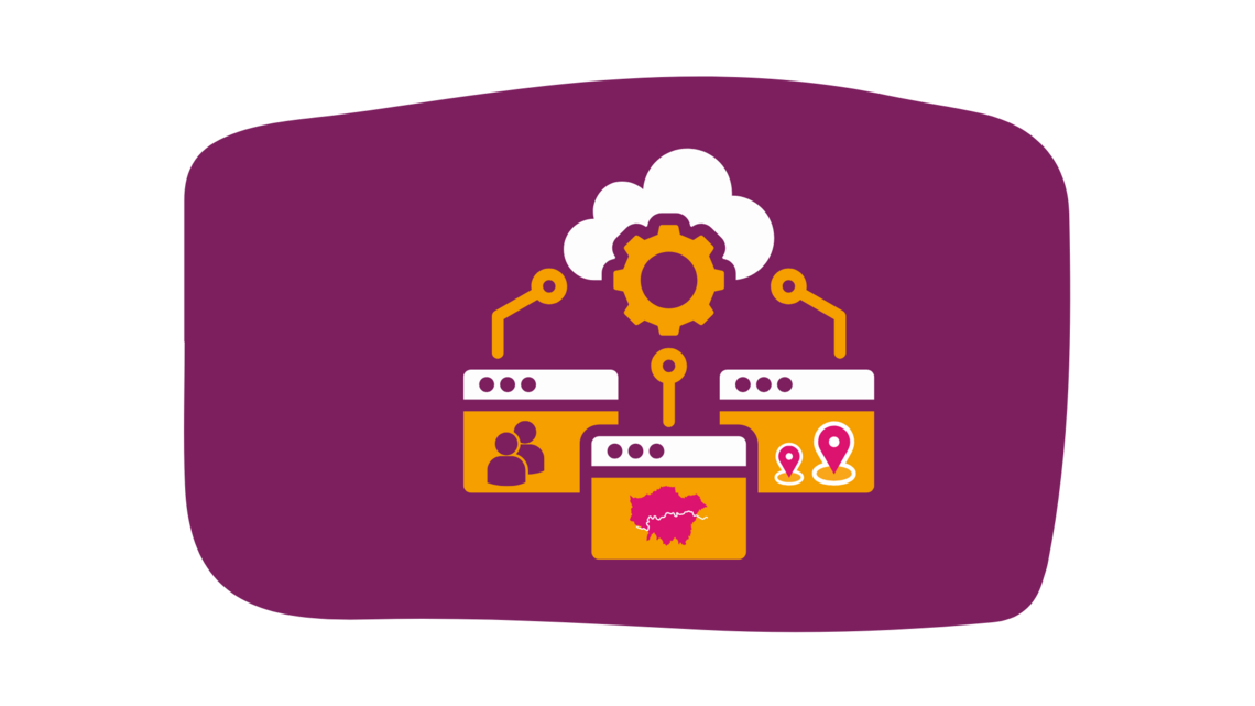 Cog and cloud icon with join arrows to 3 different data icons of people, map of London and location pin