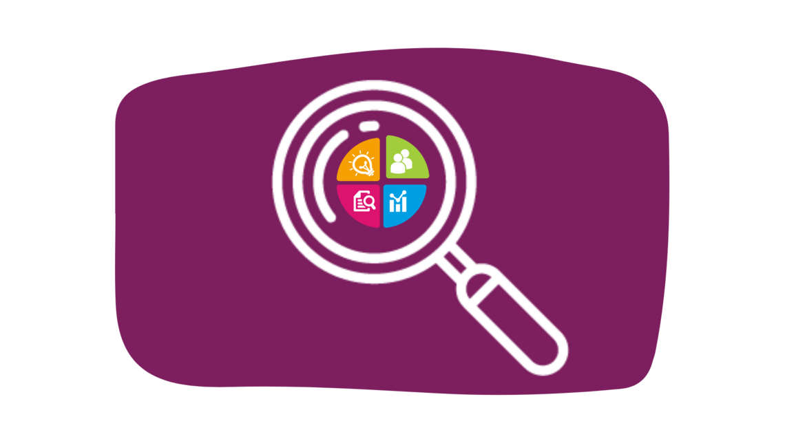 Magnifying glass over segments with different data and people icons