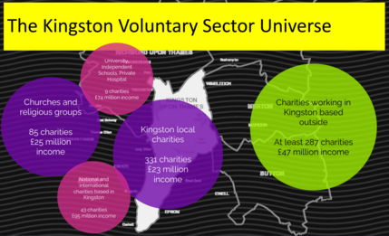 Image of outline of the borough of Kingston with circles of varying sizes representing local charities. Decorative use in this context