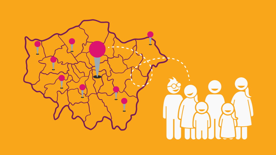 map of london with pinpoints, a large one in the centre connected to a dotted path towards a group of children