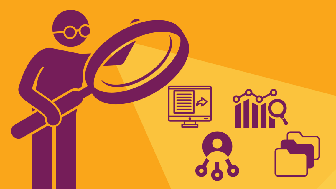 Person holding magnifying glass showing different types of data tasks