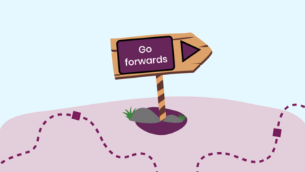 Signpost with text 'Move forward' with a curving pathway of dotted lines