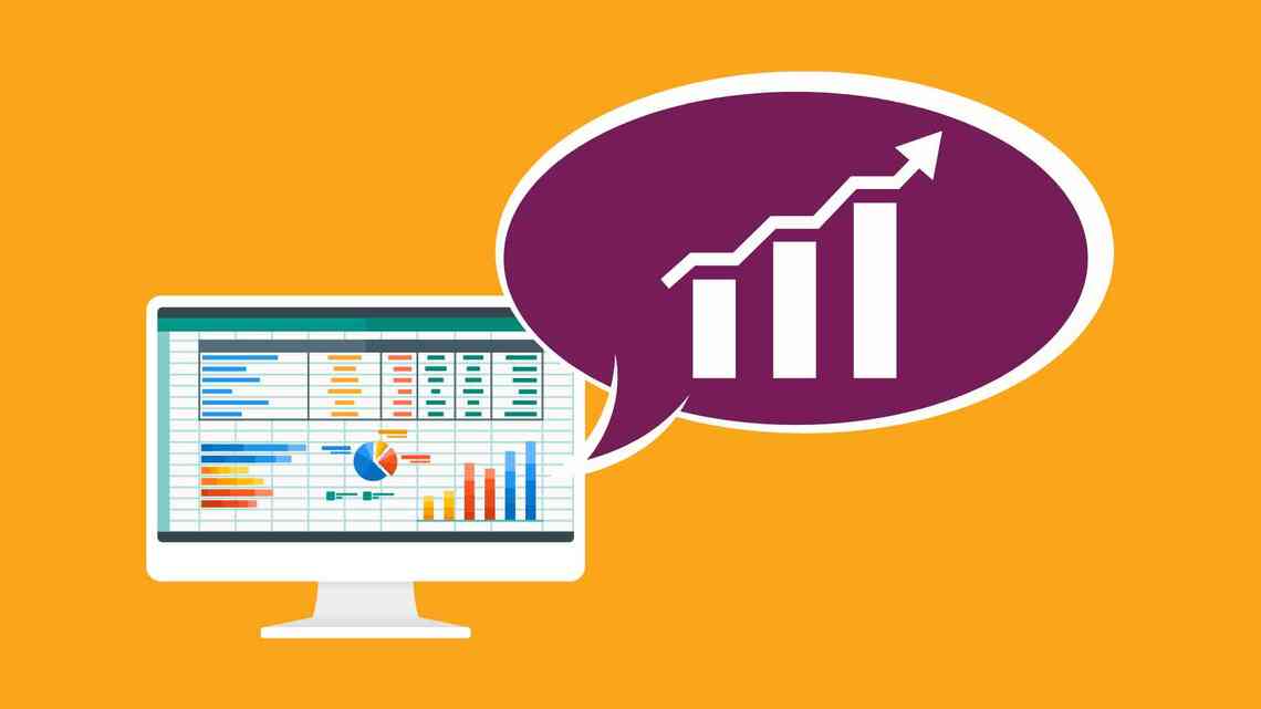 A graphic of data on a computer screen with a speech bubble coming out and a data chart showing an upward trend