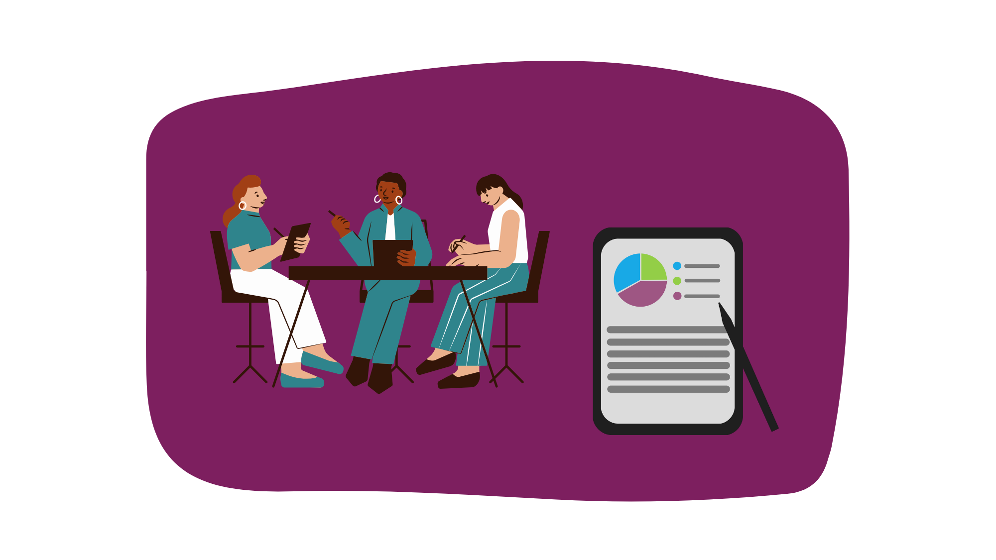 Group of women sat at a table in an office environment. They are holding styluses, pens and tablet devices. To the right a tablet with charts and writing, an example of what they might be exploring.