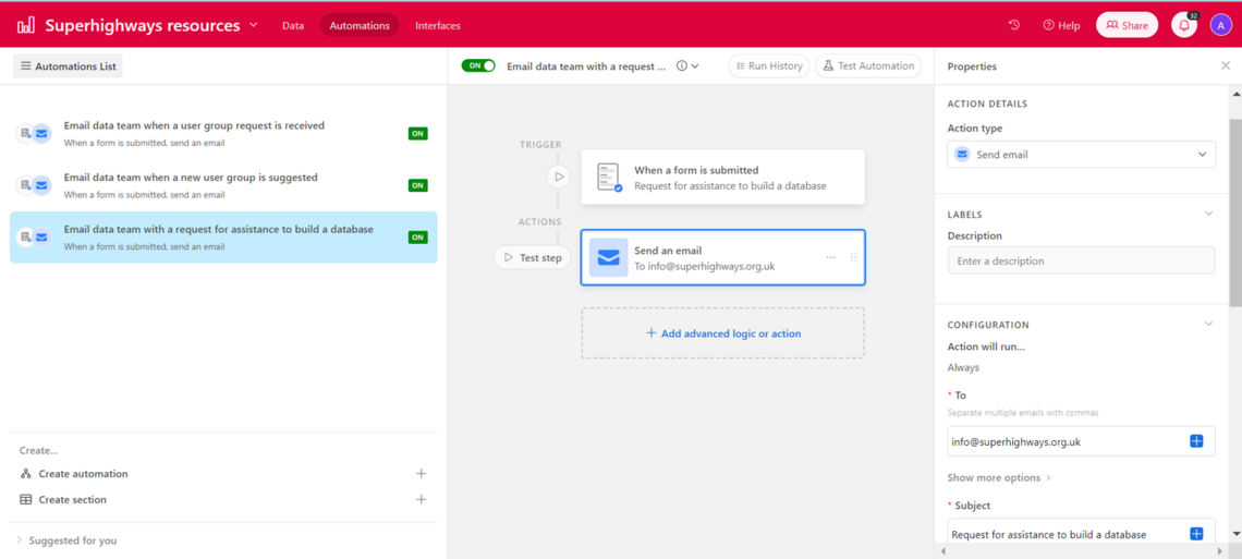 Example of airtable automation sending an email on receipt of a form