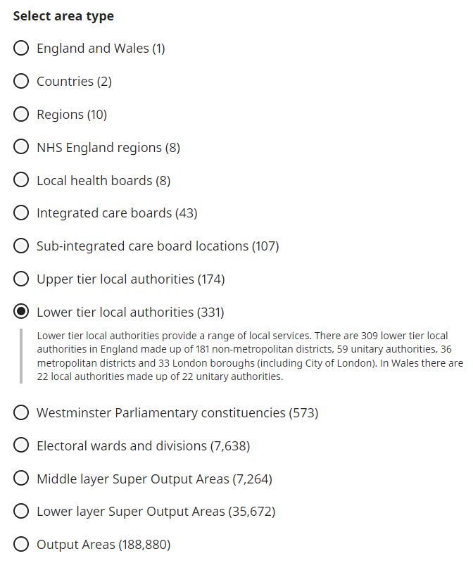 Area type census custom dataset with list of options including Region, ICB, Local Authority and smaller output areas