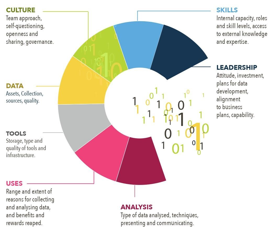 Data maturity wheel showing the areas is covers e.g. culture, skills etc.