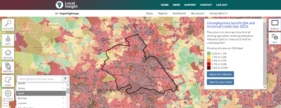 Local insight map view with universal credit data hotspots