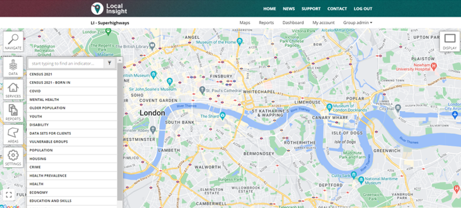 Local insight screenshot of map view with list of data indicators
