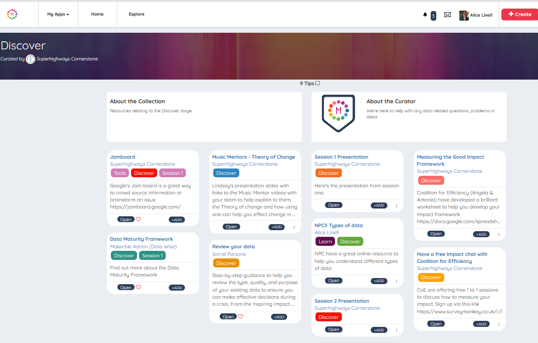 Screenshot of the Makerble system showing tips uploaded for the data cohort programme