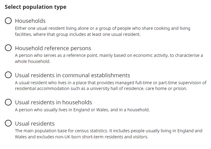 Population type census custom dataset with list of options including Household and Usual resident