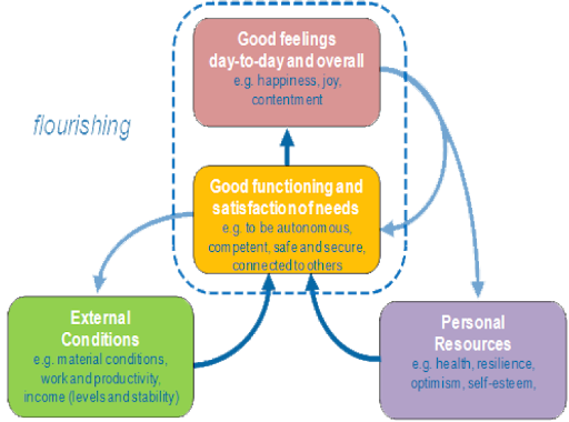 Diagram of external and personal resources leading to good functioning and satisfaction of needs finally leading to good feelings day-to-day and overall