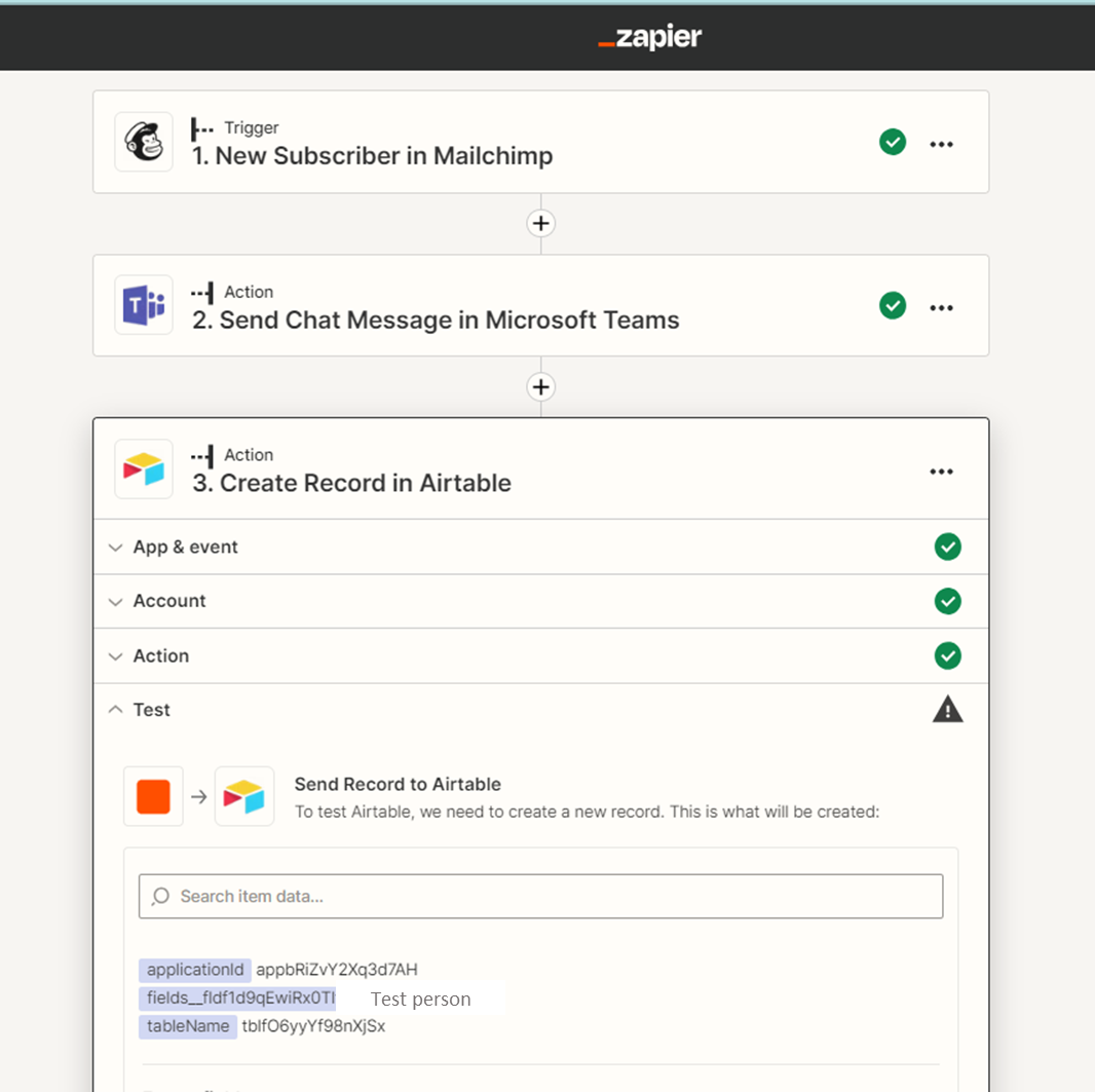 Zapier example linking Mailchimp to Teams to Airtable